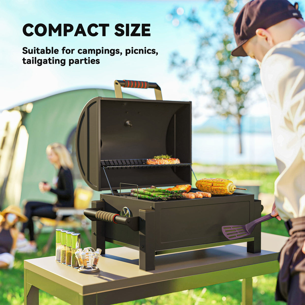 Tabletop charcoal smoker portable with thermometer
