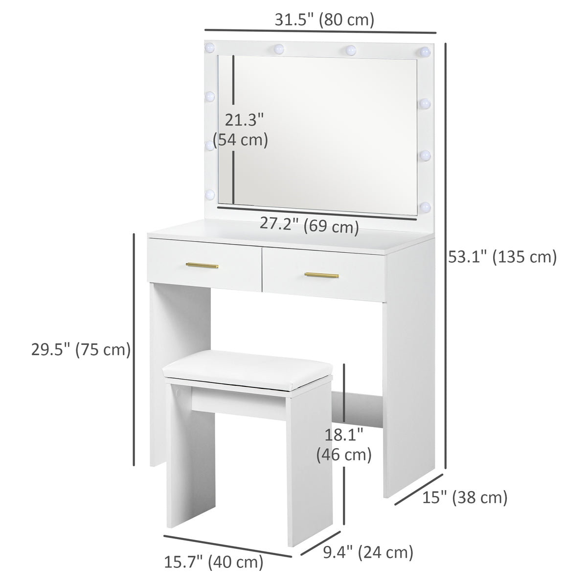 Vanity Desk Set with LED Mirror and Stool