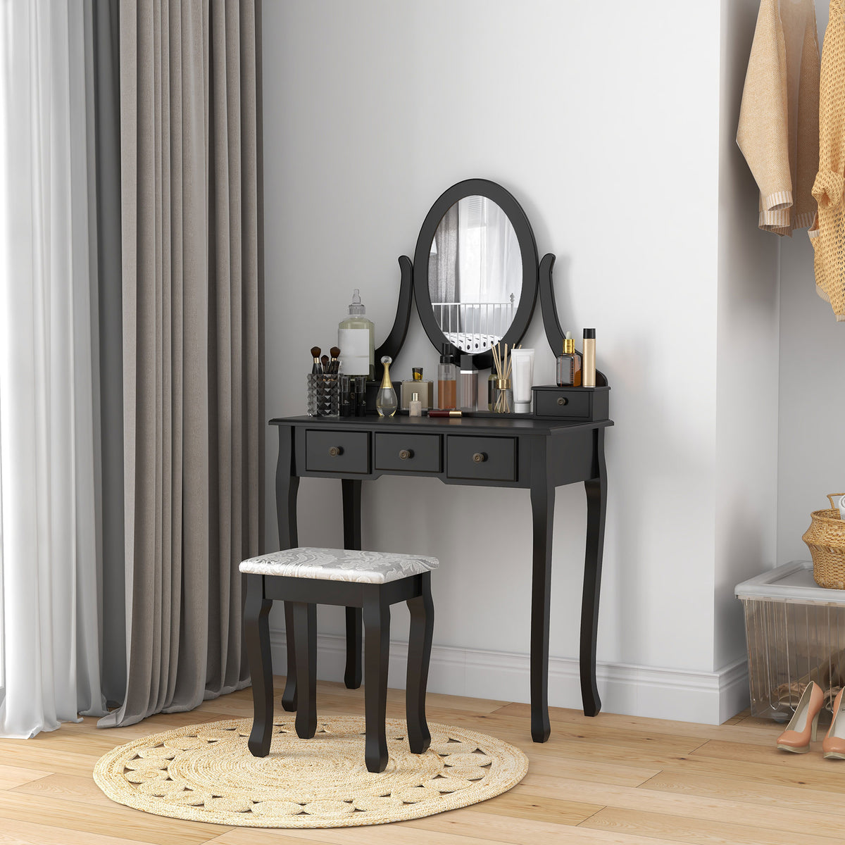 Vanity desk with stool rotating mirror 360° 5 drawers