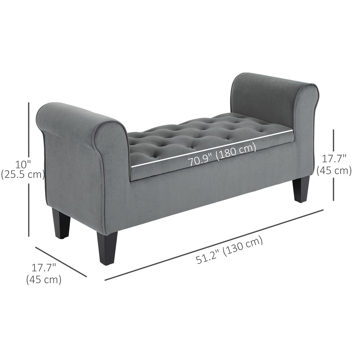 Button tufted storage bench with rolled arms
