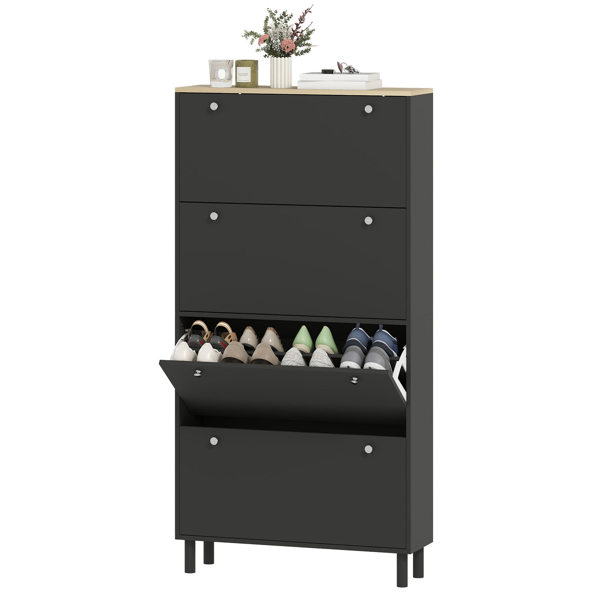Narrow Shoe Cabinet 4 Flip Drawers — Holds 24–32 Pairs