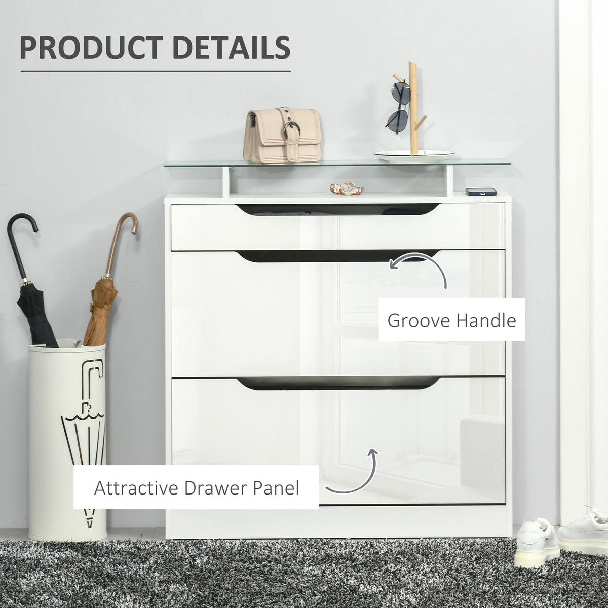 Shoe Cabinet High Gloss Flip Drawers Adjustable Shelves