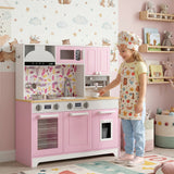 Wooden kids play kitchen with coffee maker and accessories