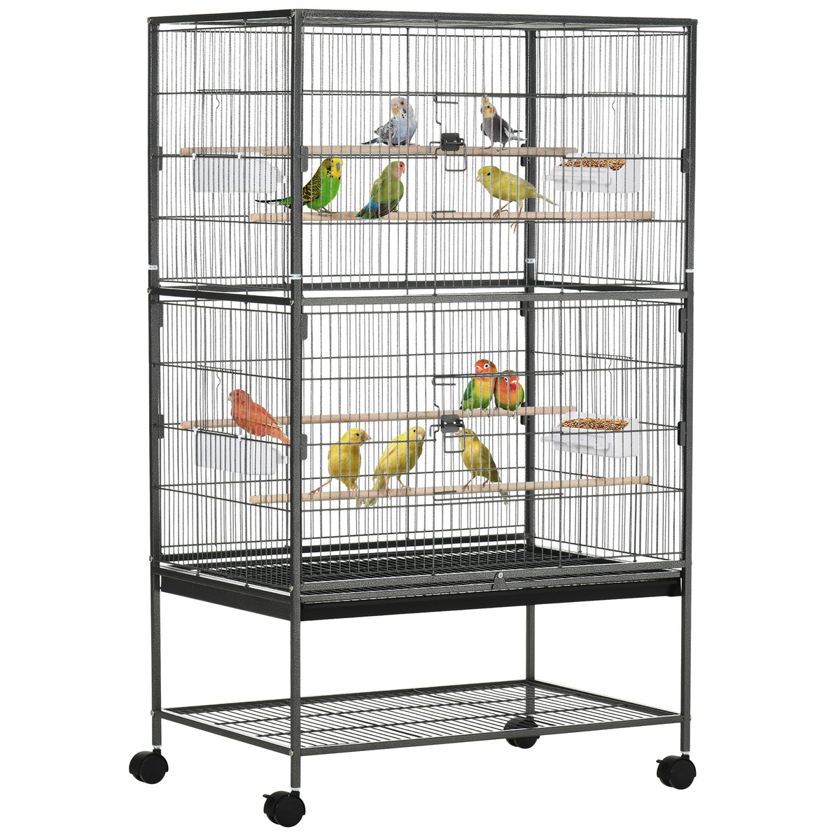 Jaula grande para pájaros de acero con ruedas y perchas