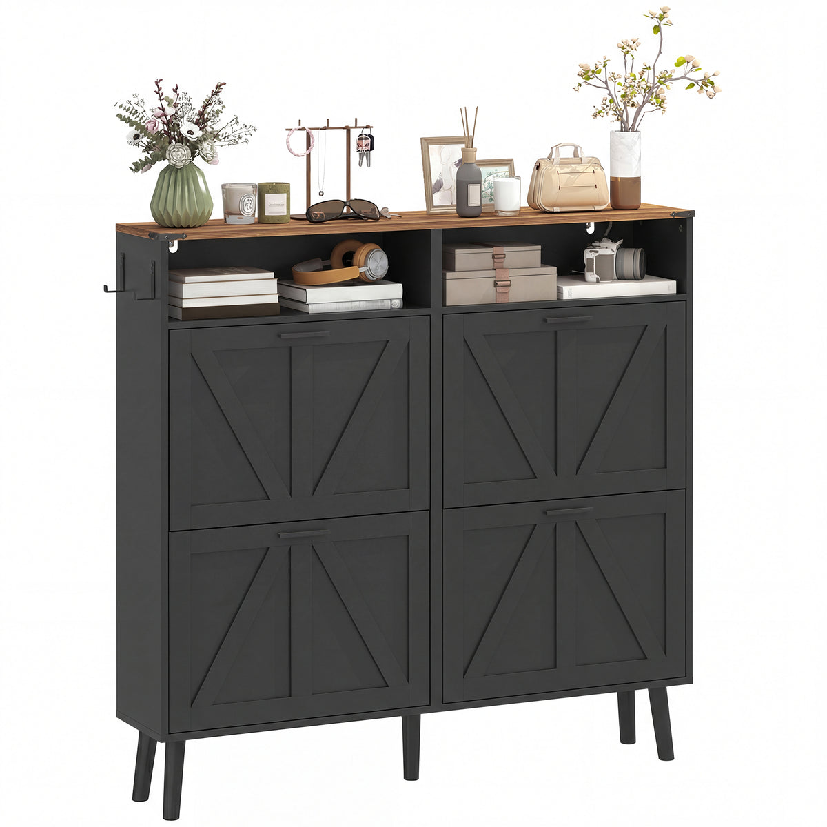 Farmhouse Shoe Cabinet with 4 Flip Drawers