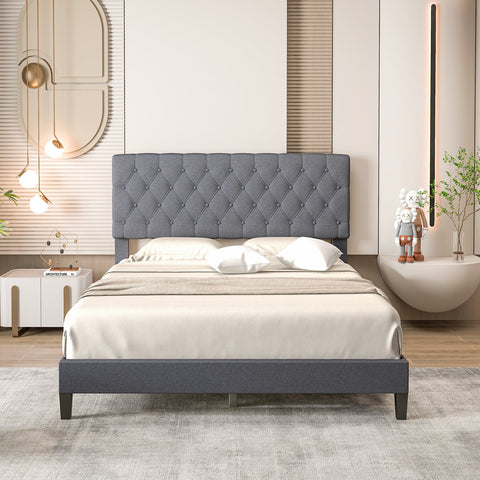 Upholstered platform bed button tufted