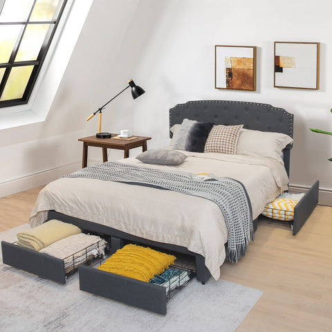 Queen platform bed frame with adjustable headboard and drawers