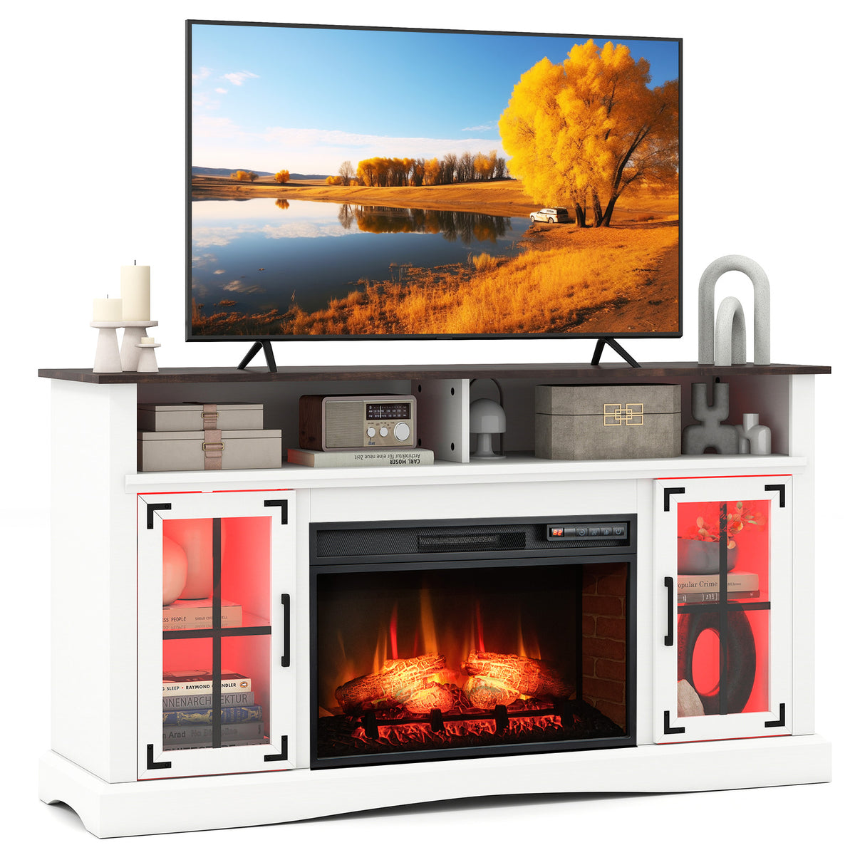 Meuble TV rustique avec foyer électrique pour téléviseur jusqu'à 127 cm