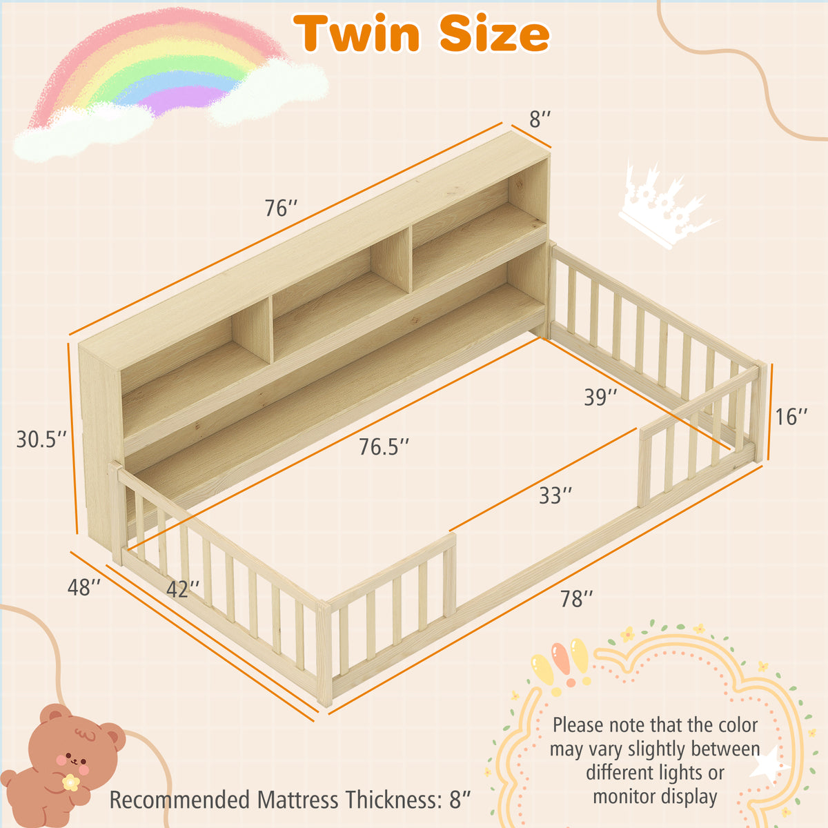 Lit de sol Montessori pour enfant avec bibliothèque intégrée