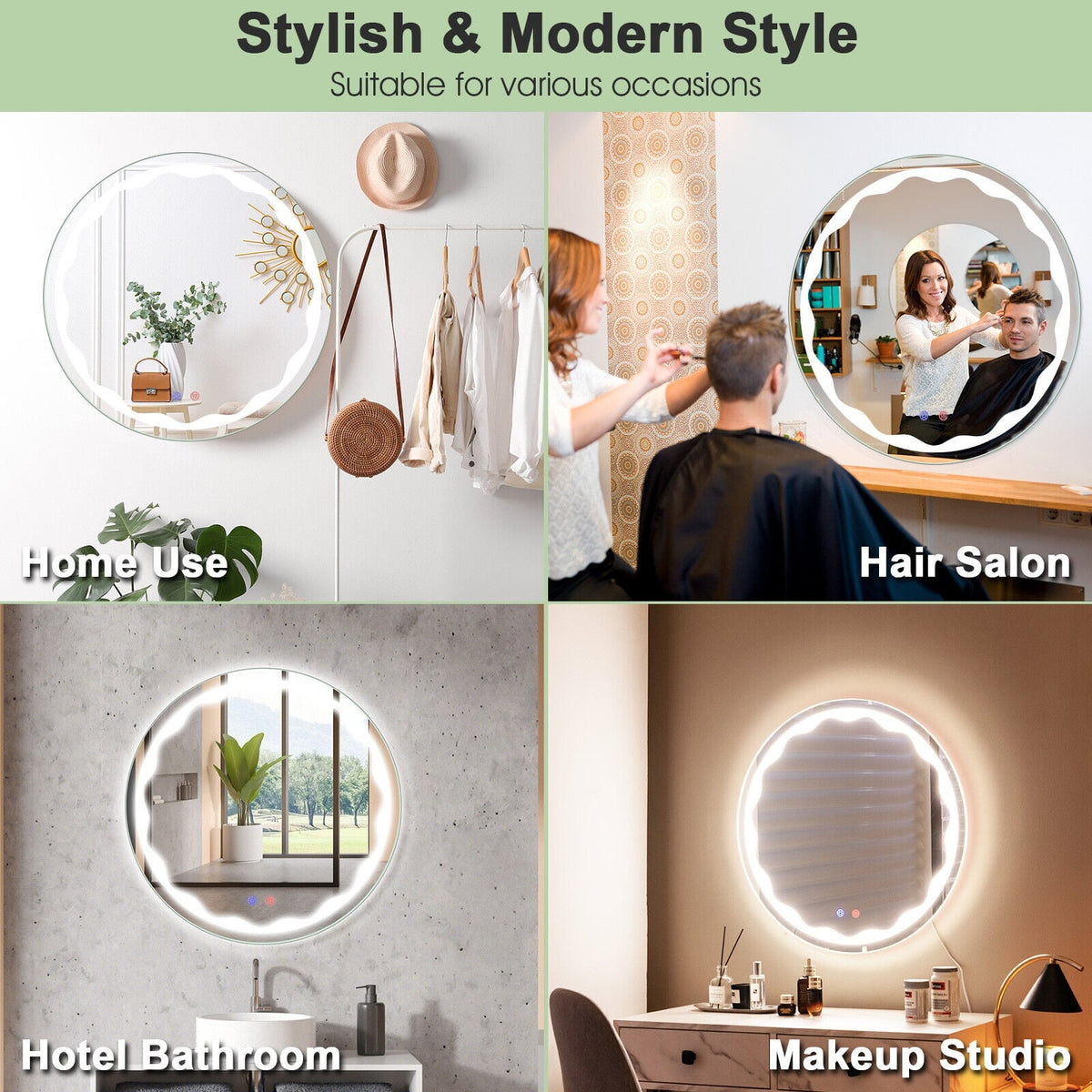 Miroir mural rond LED intelligent tactile
