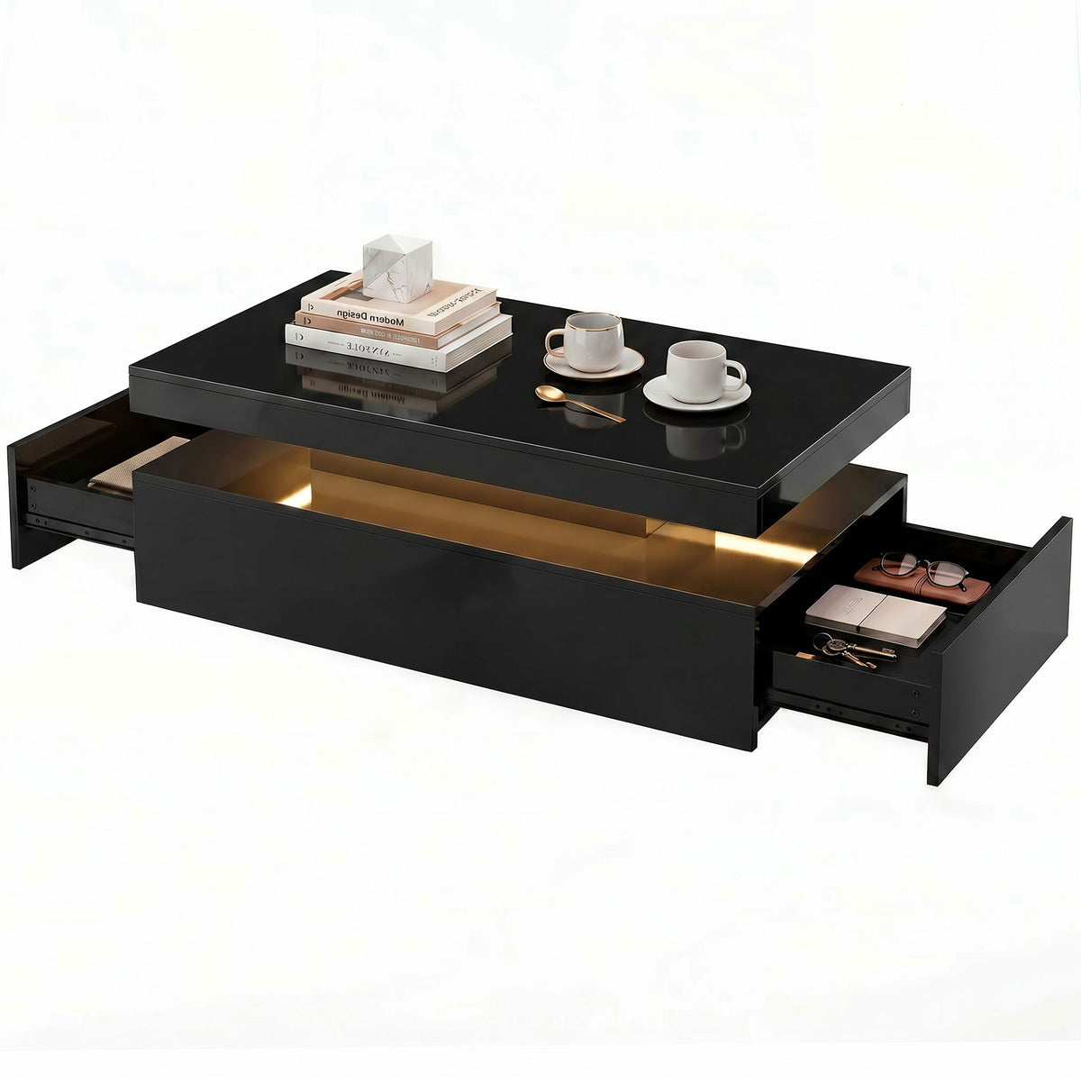 Mesa de centro LED de 2 cajones de alto brillo