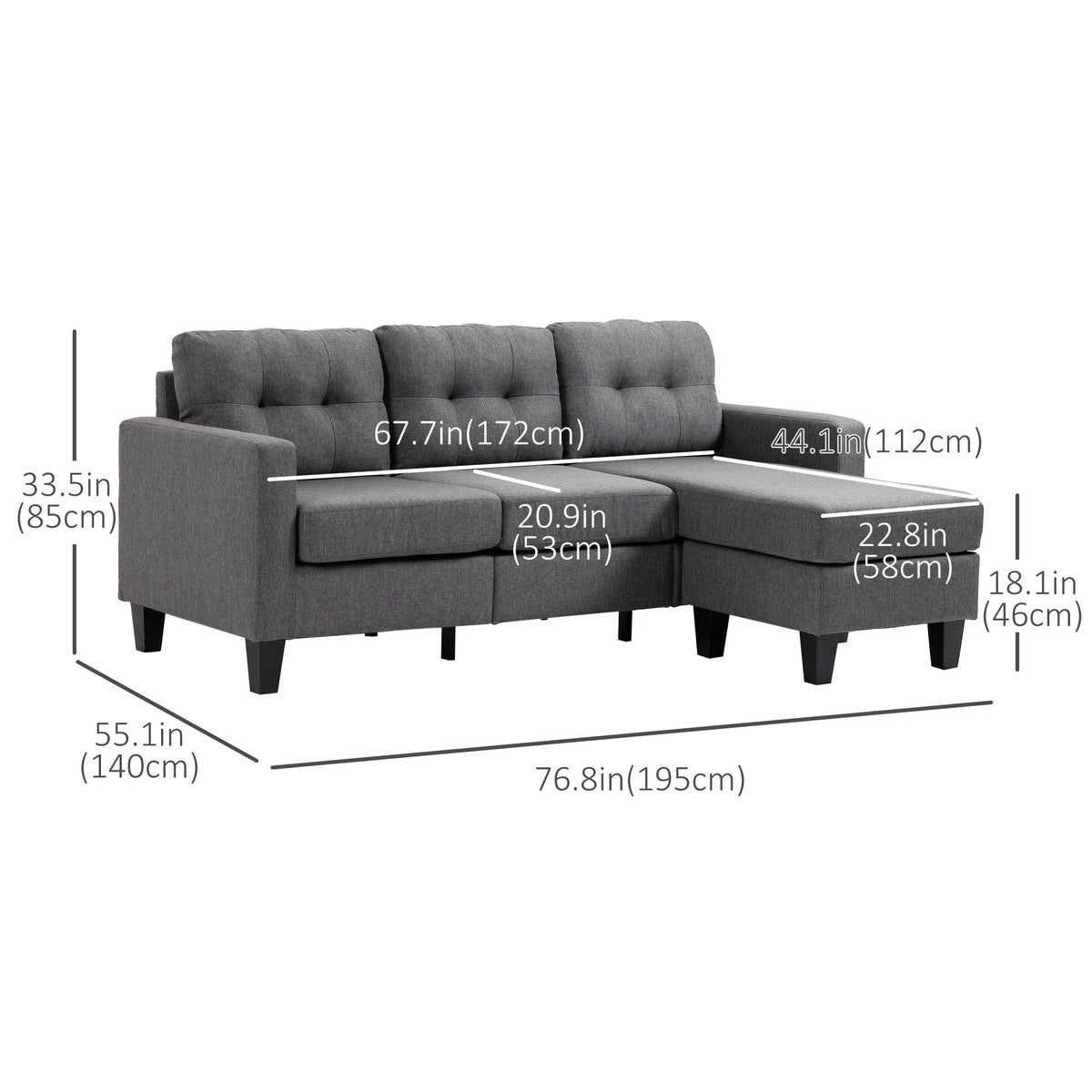 3-Seater L-Shaped Sofa with Ottoman — Dark