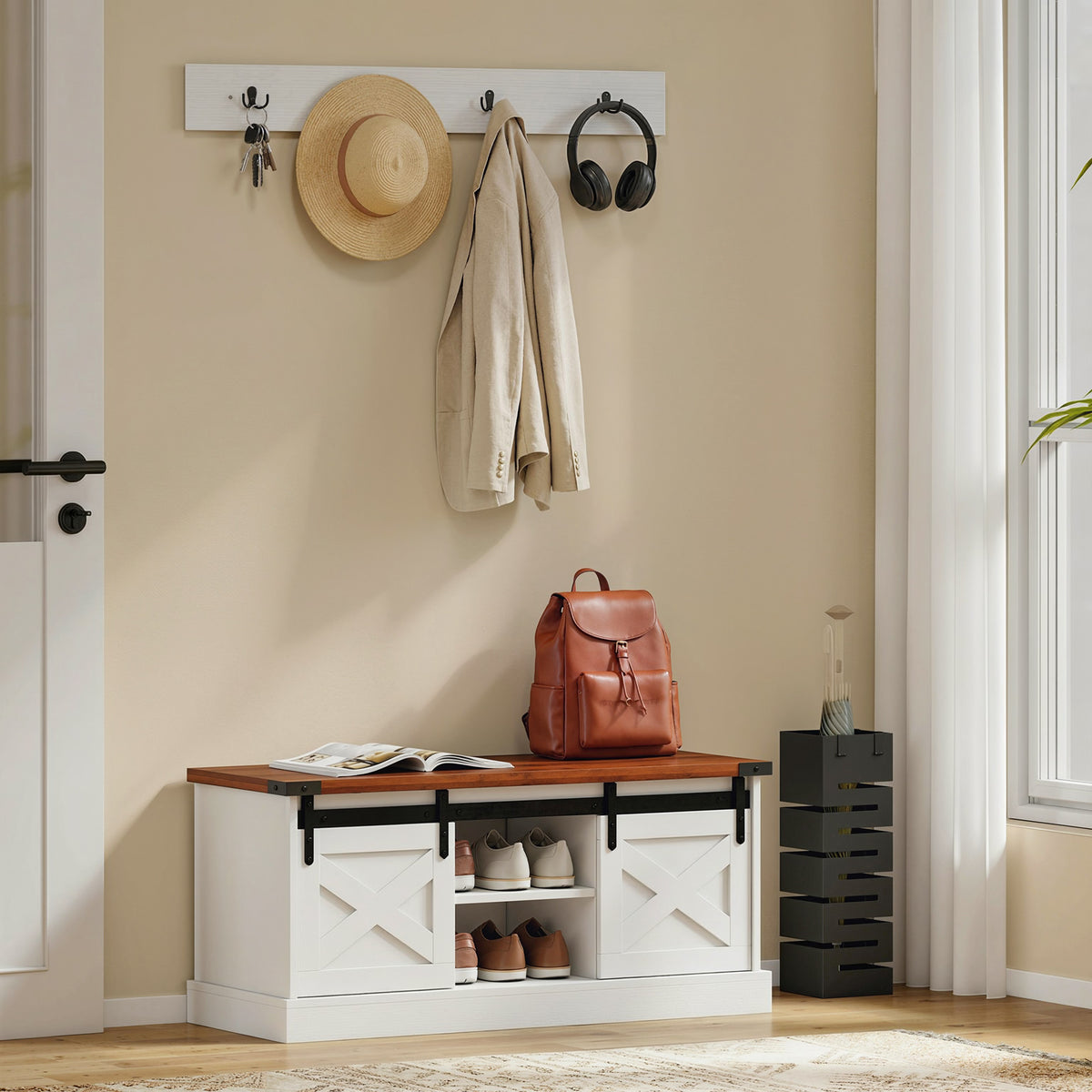Coat rack shoe bench set rustic style — Set of 2