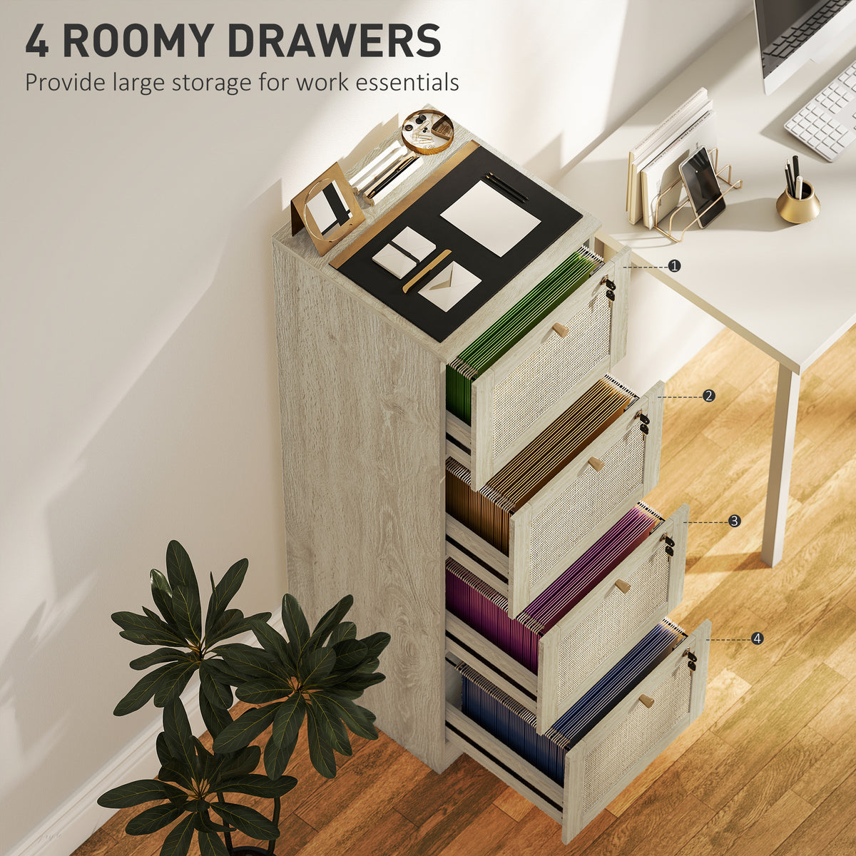 4-Drawer Locking Filing Cabinet Boho Rattan Style