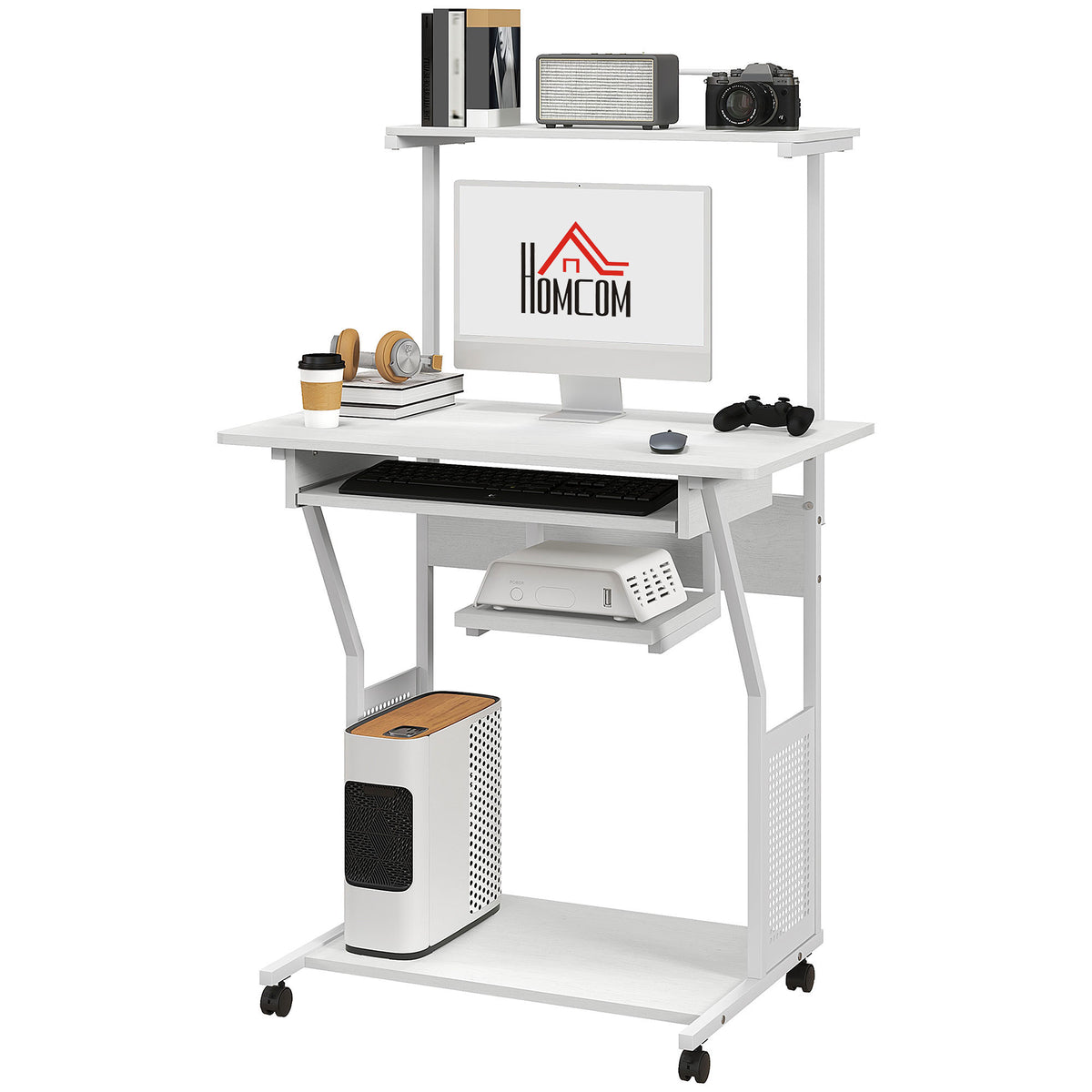 Mobile computer desk with shelves and rolling wheels