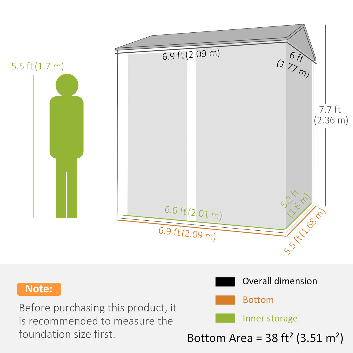 Cobertizo metálico de almacenamiento de 7' x 6' alto