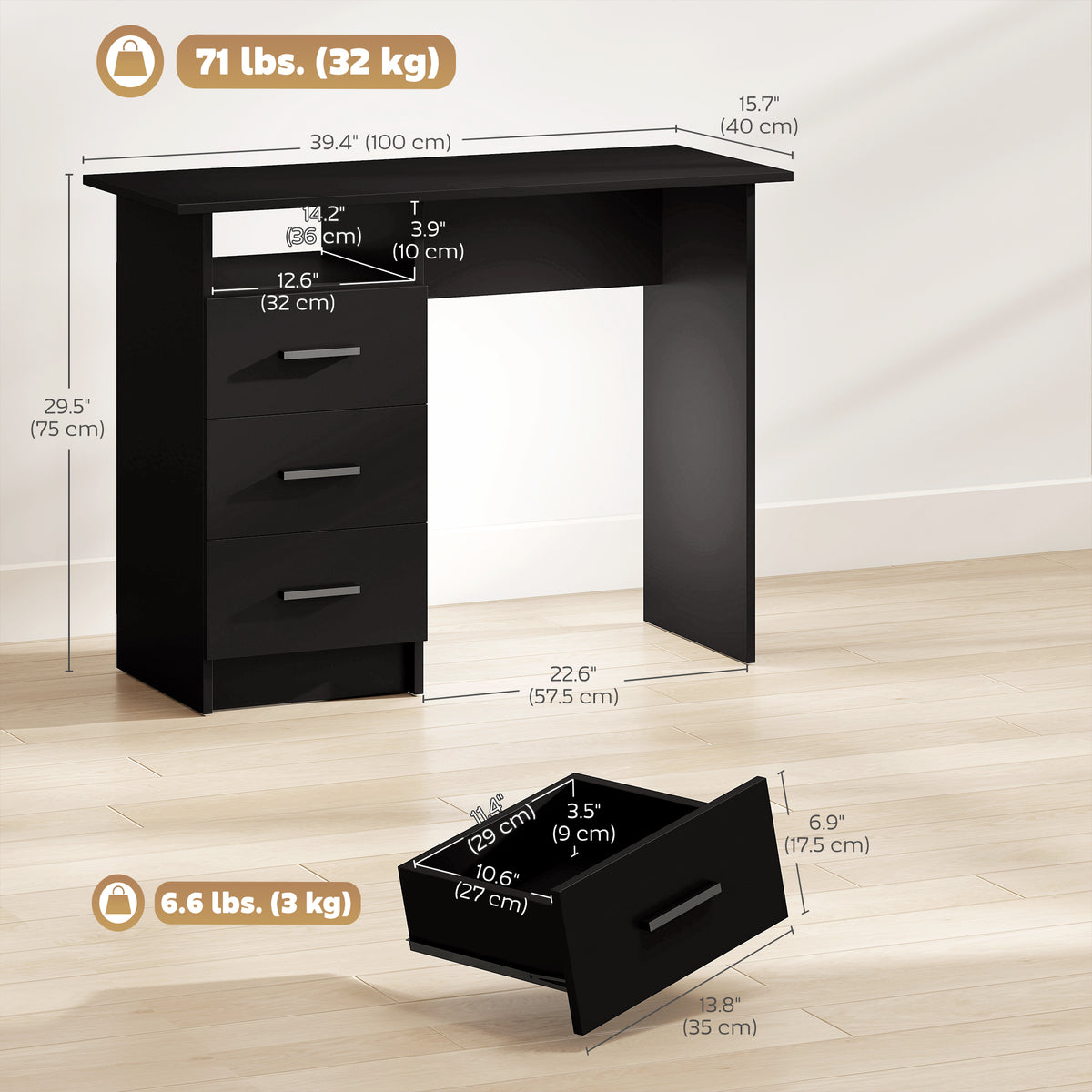 Computer Desk with 3 Drawers and Open Shelf
