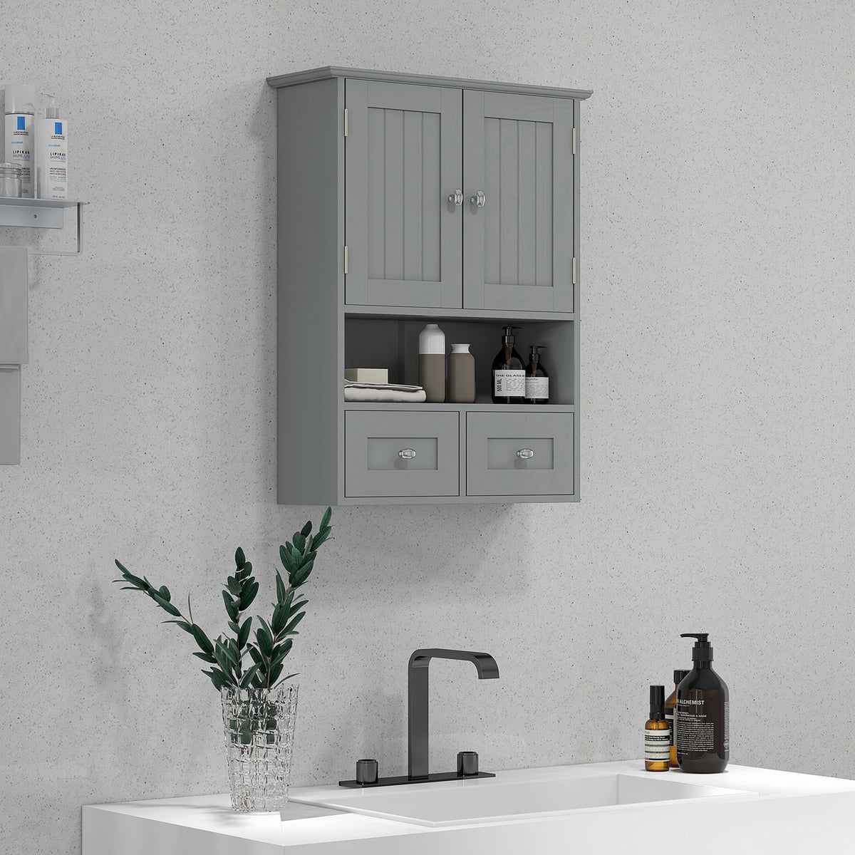 Wall Cabinet Bathroom with Drawers and Open Shelf
