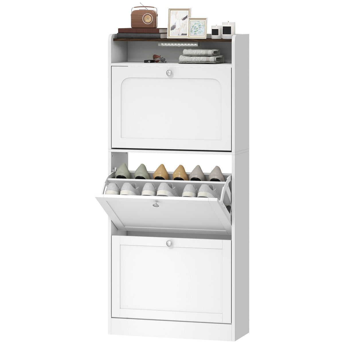 Slim shoe cabinet with 3 flip drawers and sensor light