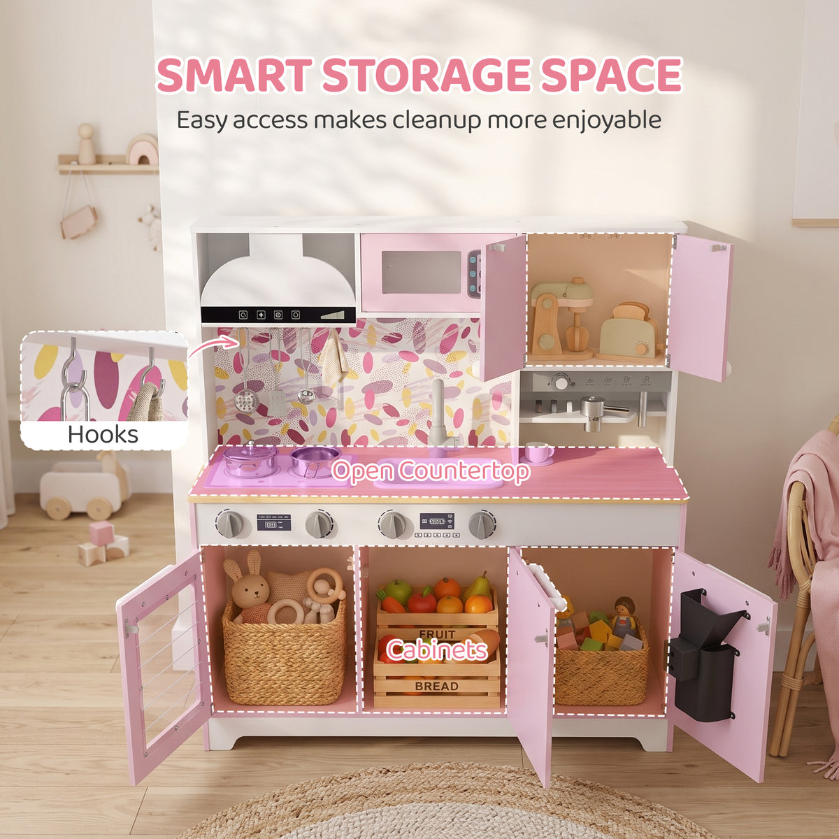 Wooden kids play kitchen with coffee maker and accessories