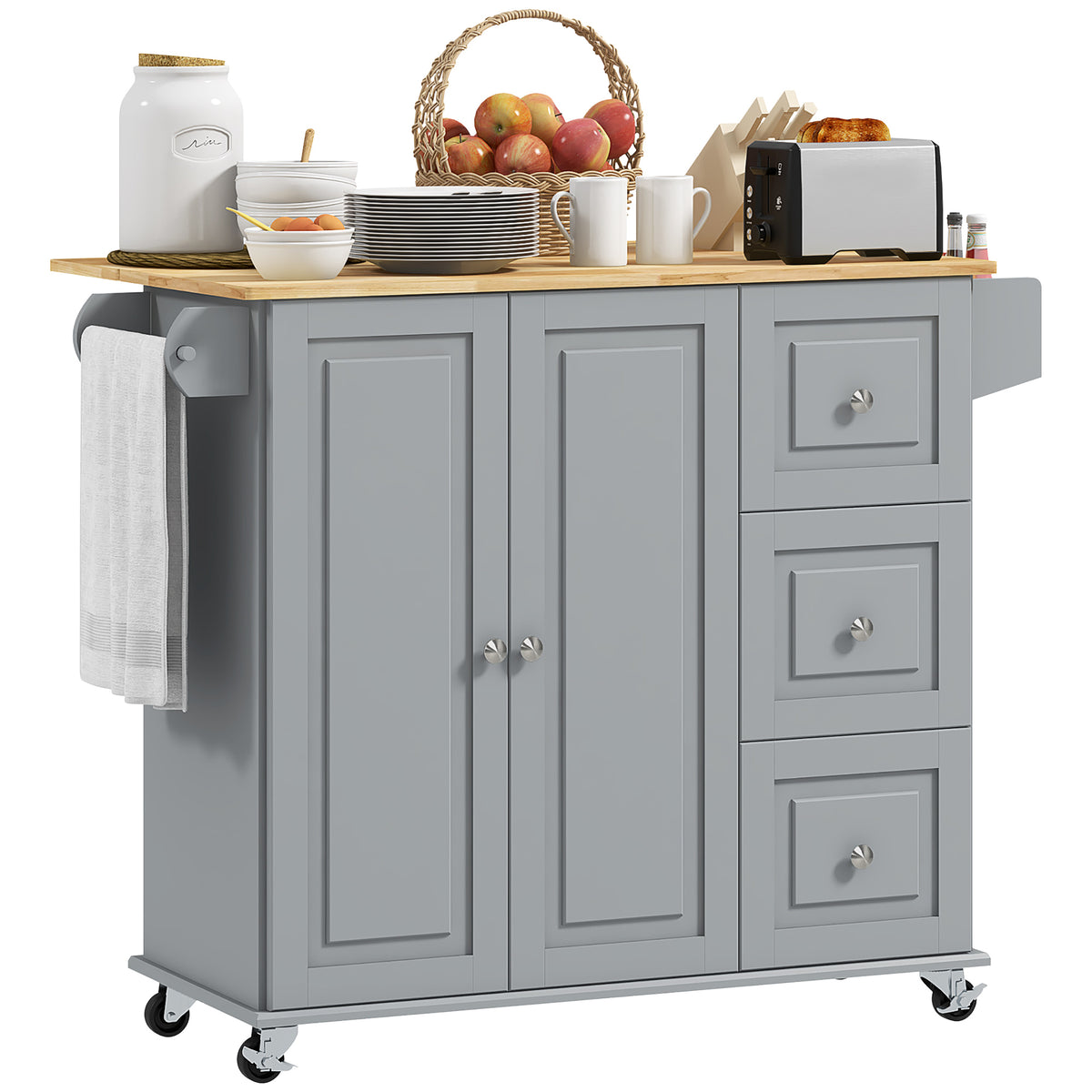 Kitchen Island on Wheels with Drop Leaf and Drawers