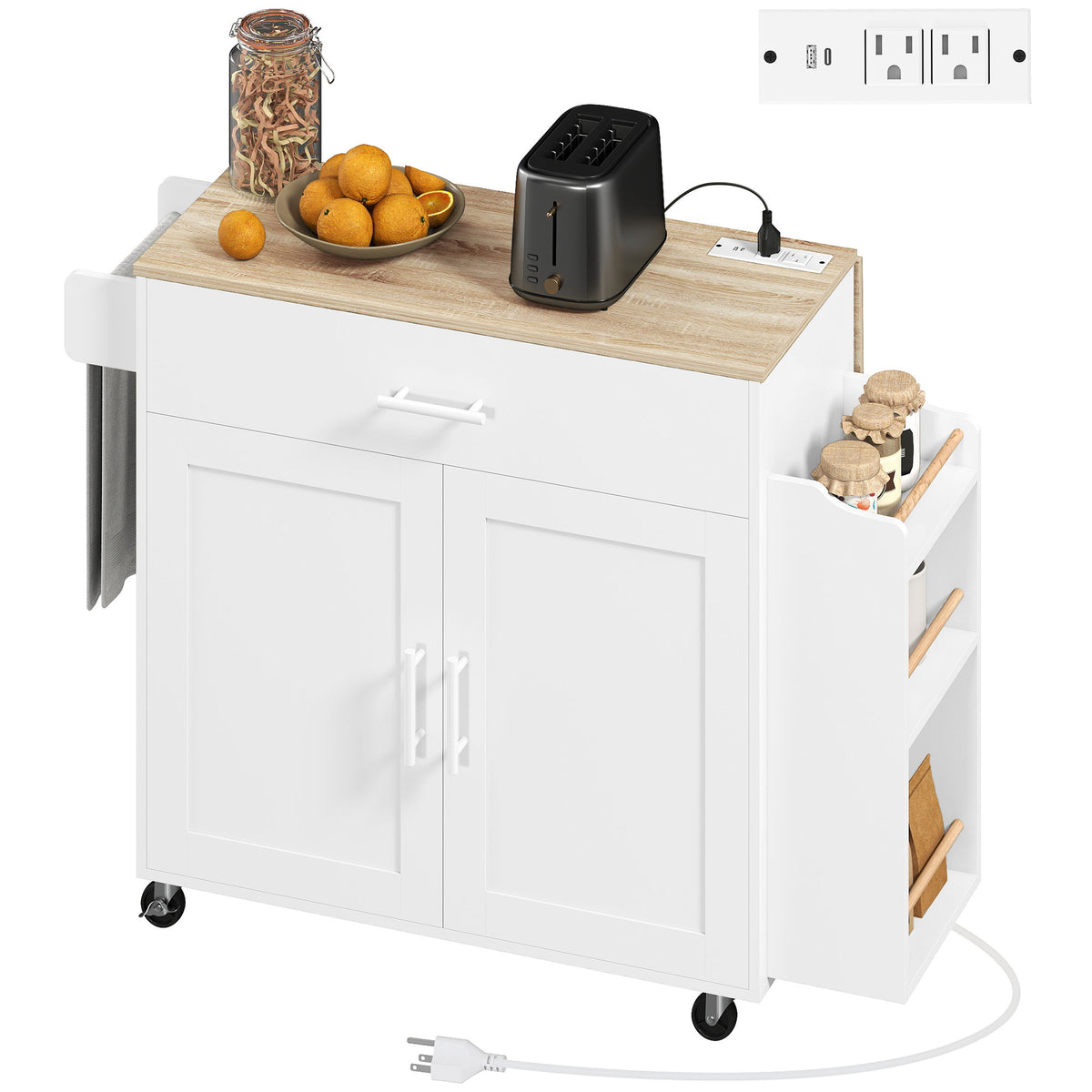 Kitchen island on wheels with drop-leaf countertop