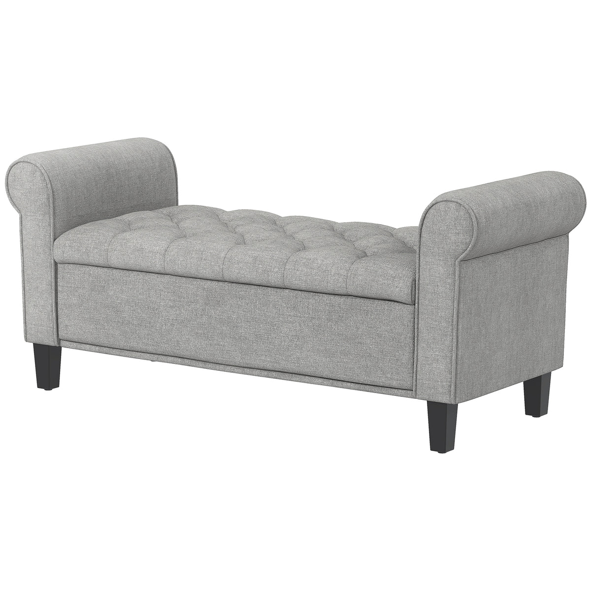 Tufted storage bench with rolled arms