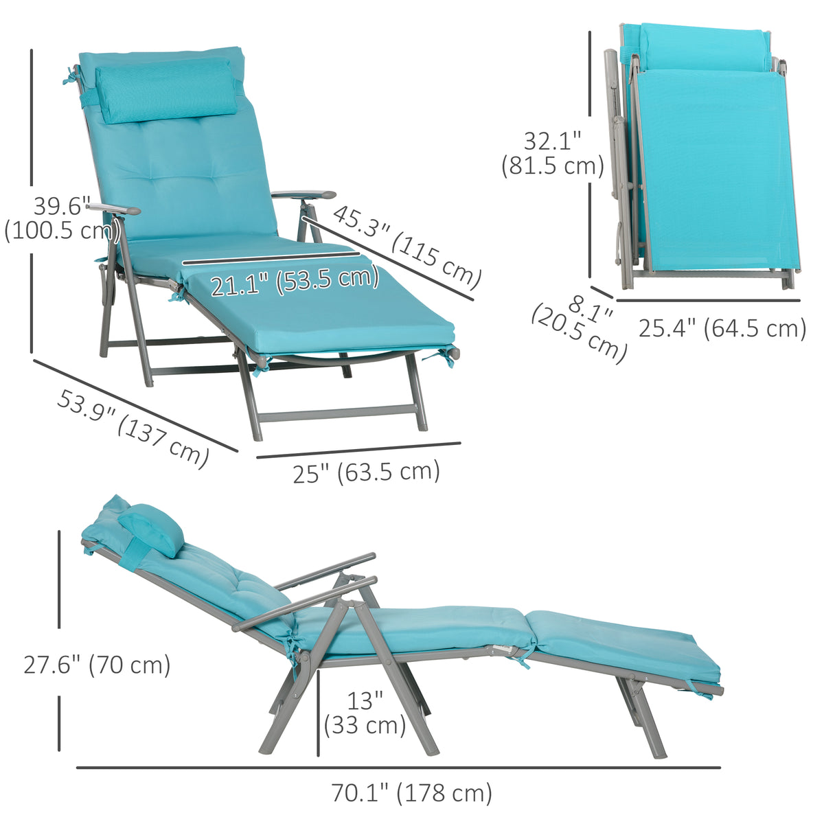 Folding Outdoor Chaise Lounger 7-Position Adjustable with Cushion