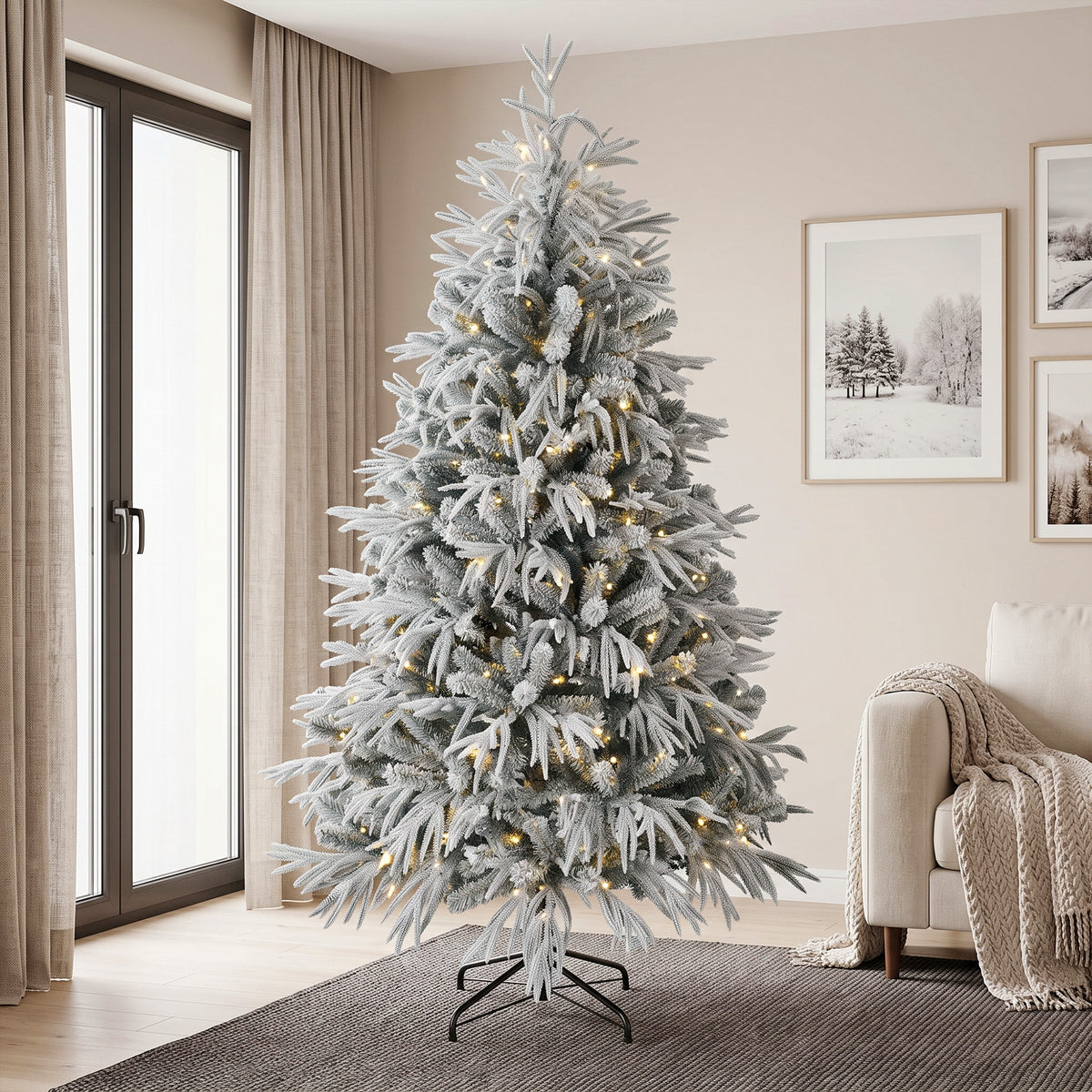 Pre-lit flocked artificial Christmas tree