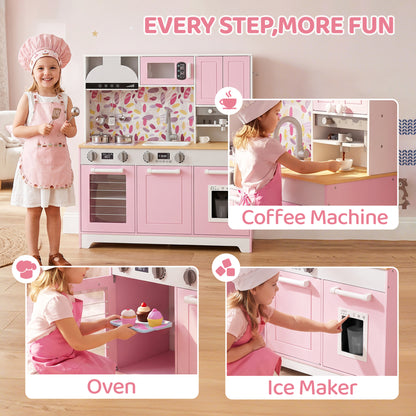 Wooden kids play kitchen with coffee maker and accessories