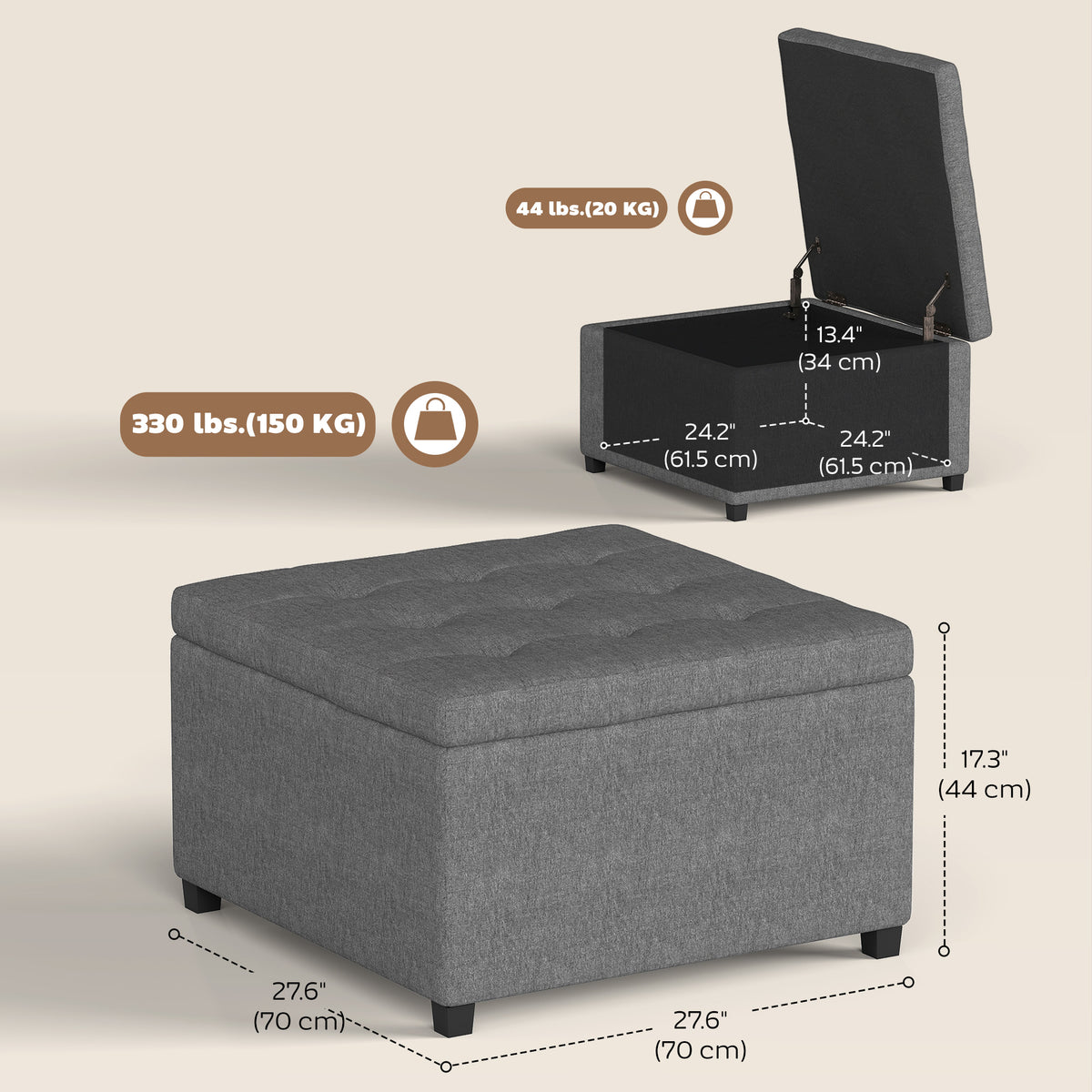 Tufted storage ottoman with upholstered bench seat