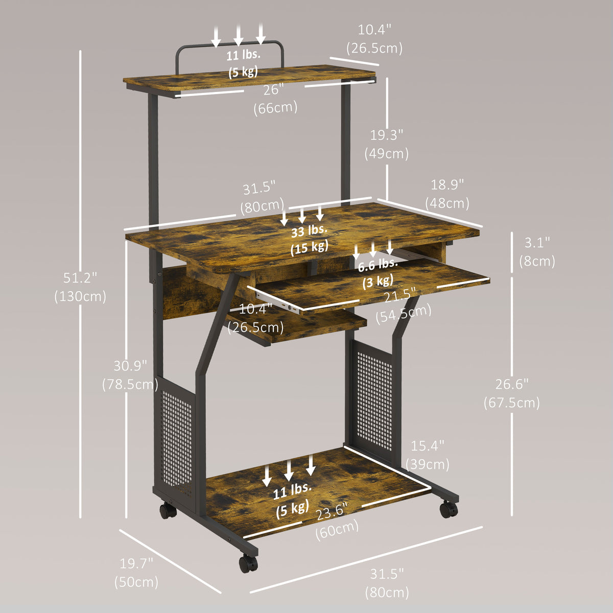 Mobile computer desk with shelves and rolling wheels