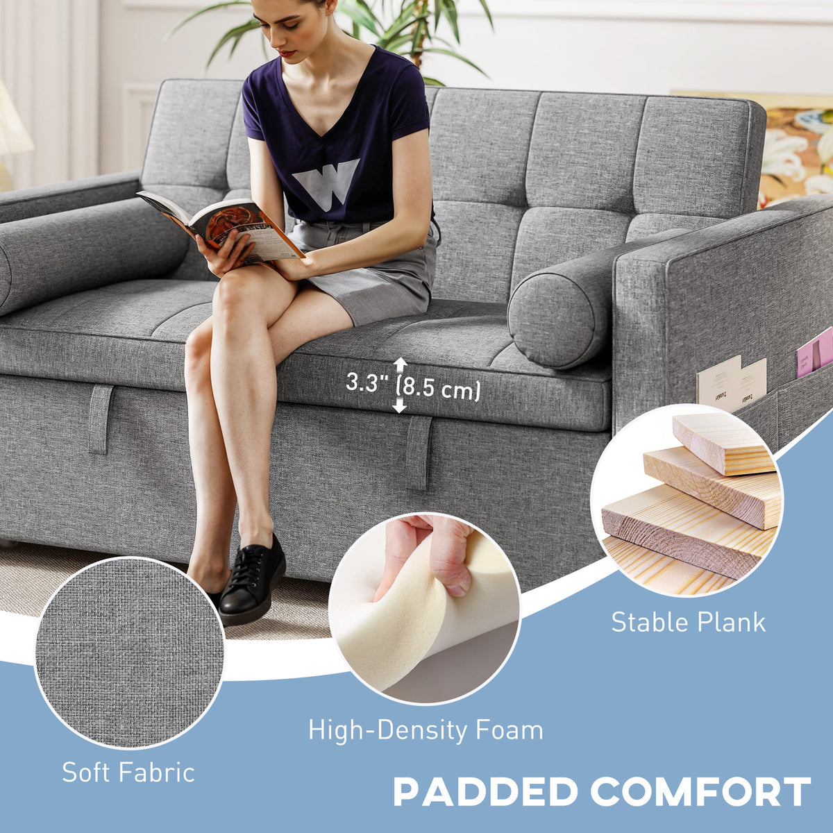 Convertible sofa bed with USB ports and adjustable backrest
