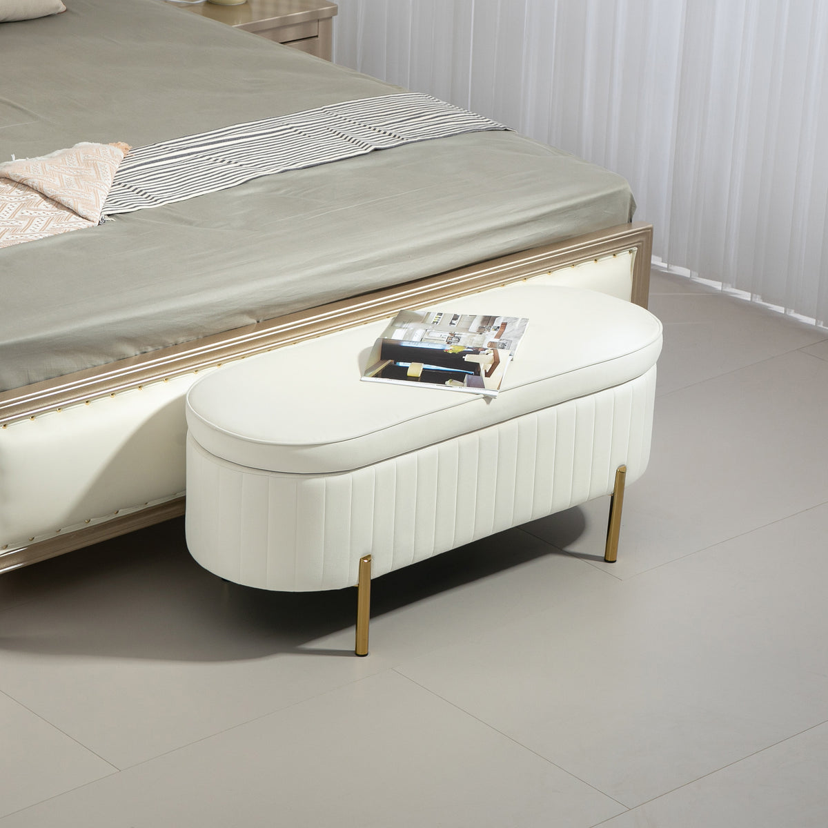Channel Tufted Storage Bench with Golden Legs