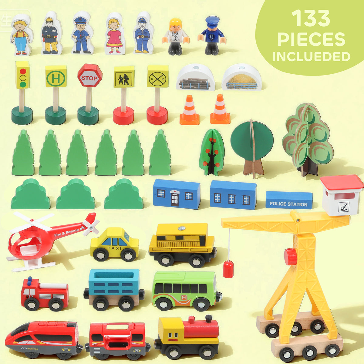 Wooden Train Set with Track Accessories — Set of 133