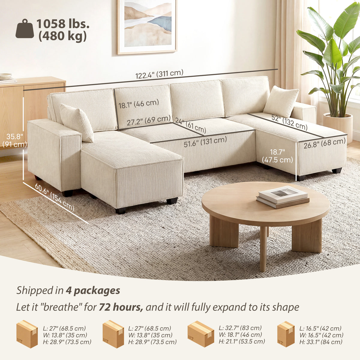 Modular U-shaped Sectional Sofa with Double Chaises