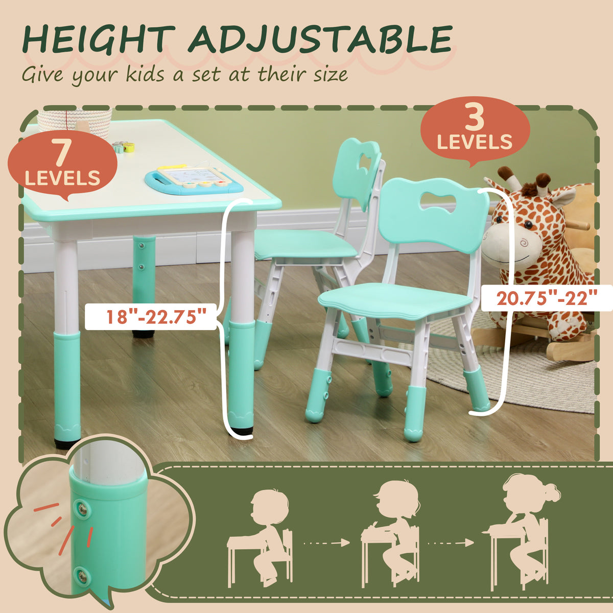 Kids Table and Chair Set Adjustable Height — Set of 5