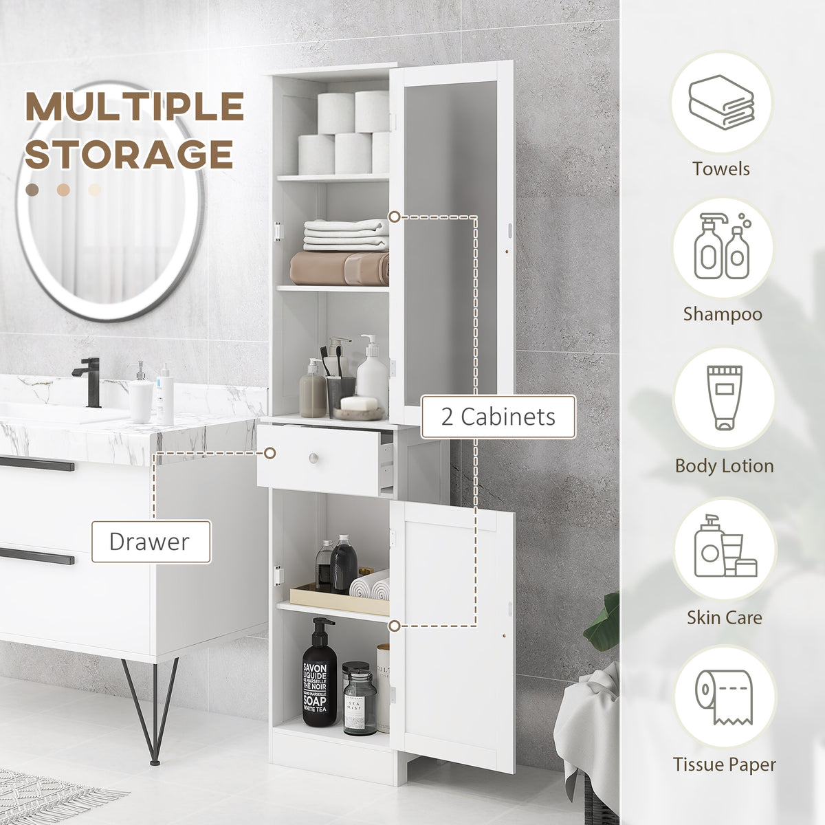 Armario alto de baño con cajón y puertas