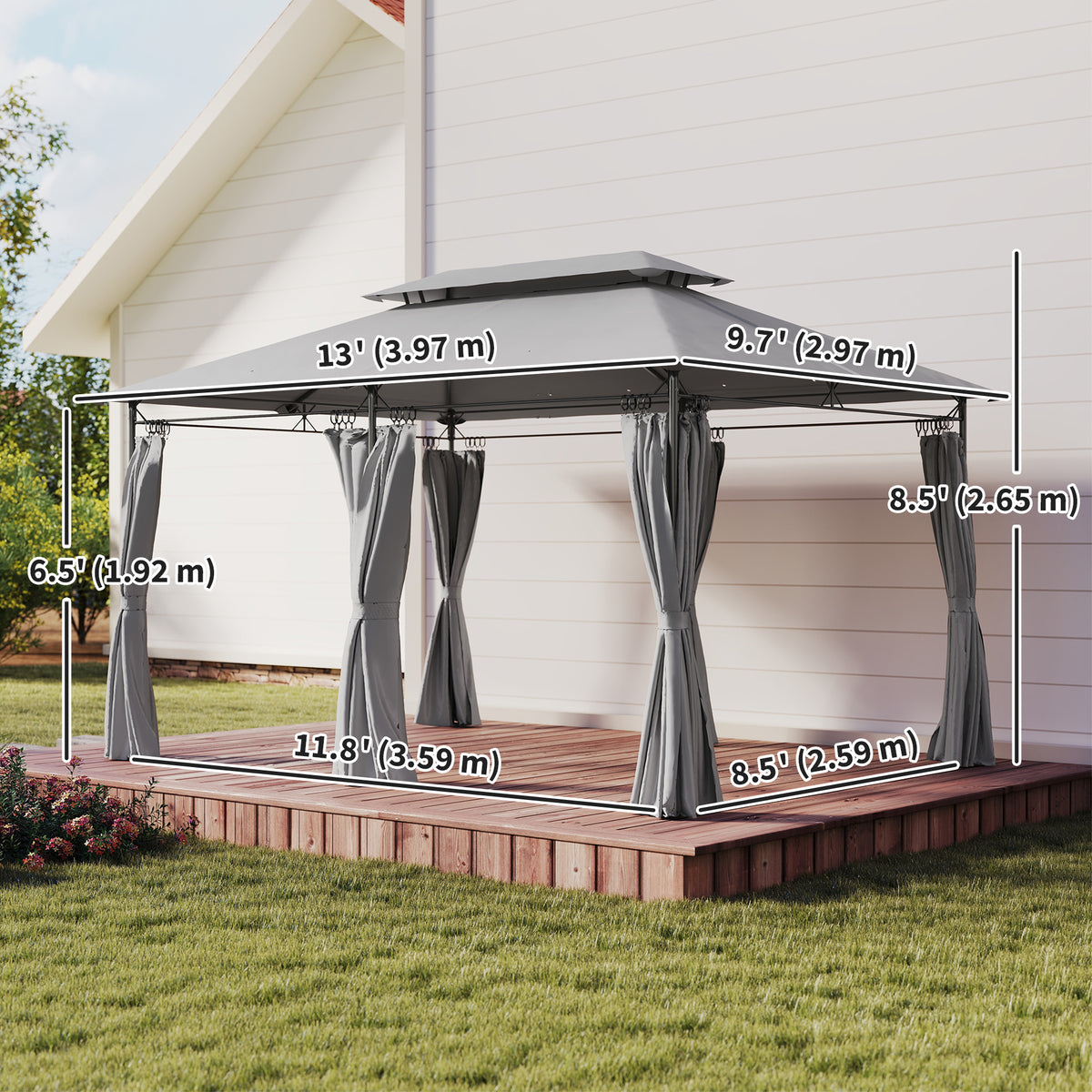 Double Roof Patio Gazebo with Curtains 10 x 13 ft