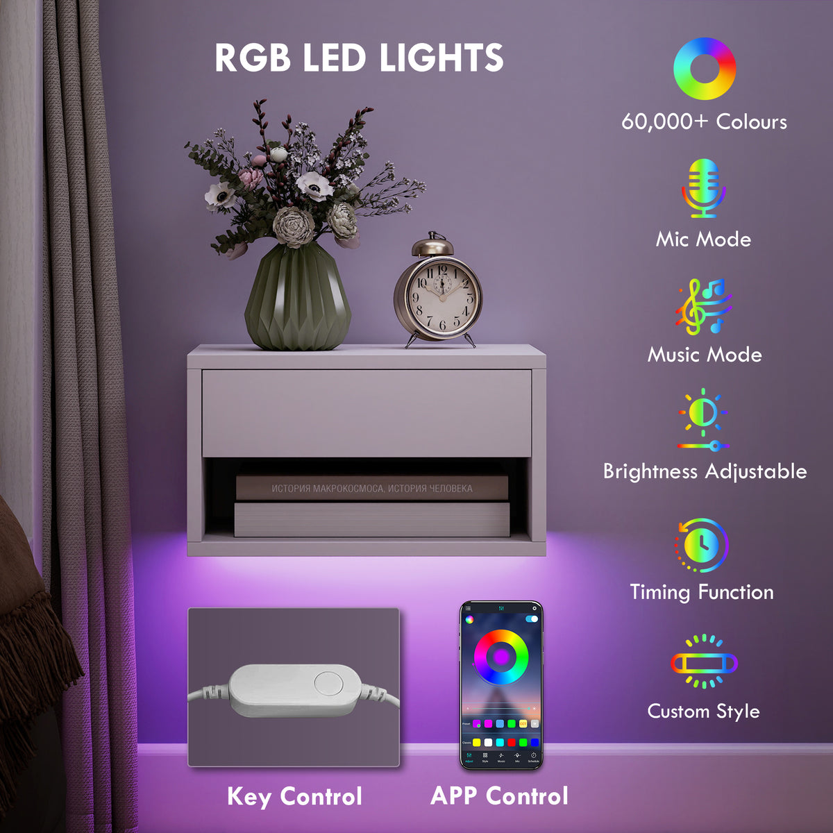 Floating smart LED bedside table — Set of 2