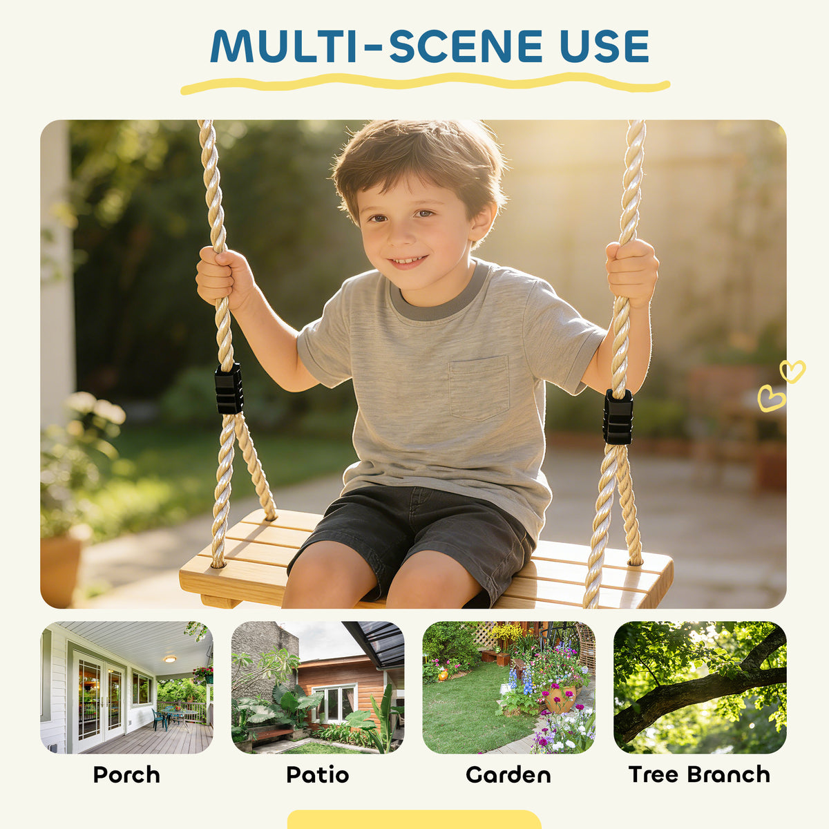 Wooden Swing Seat with Adjustable Ropes for Kids