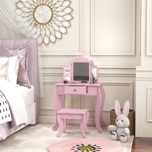 Kids vanity table with stool and folding mirrors