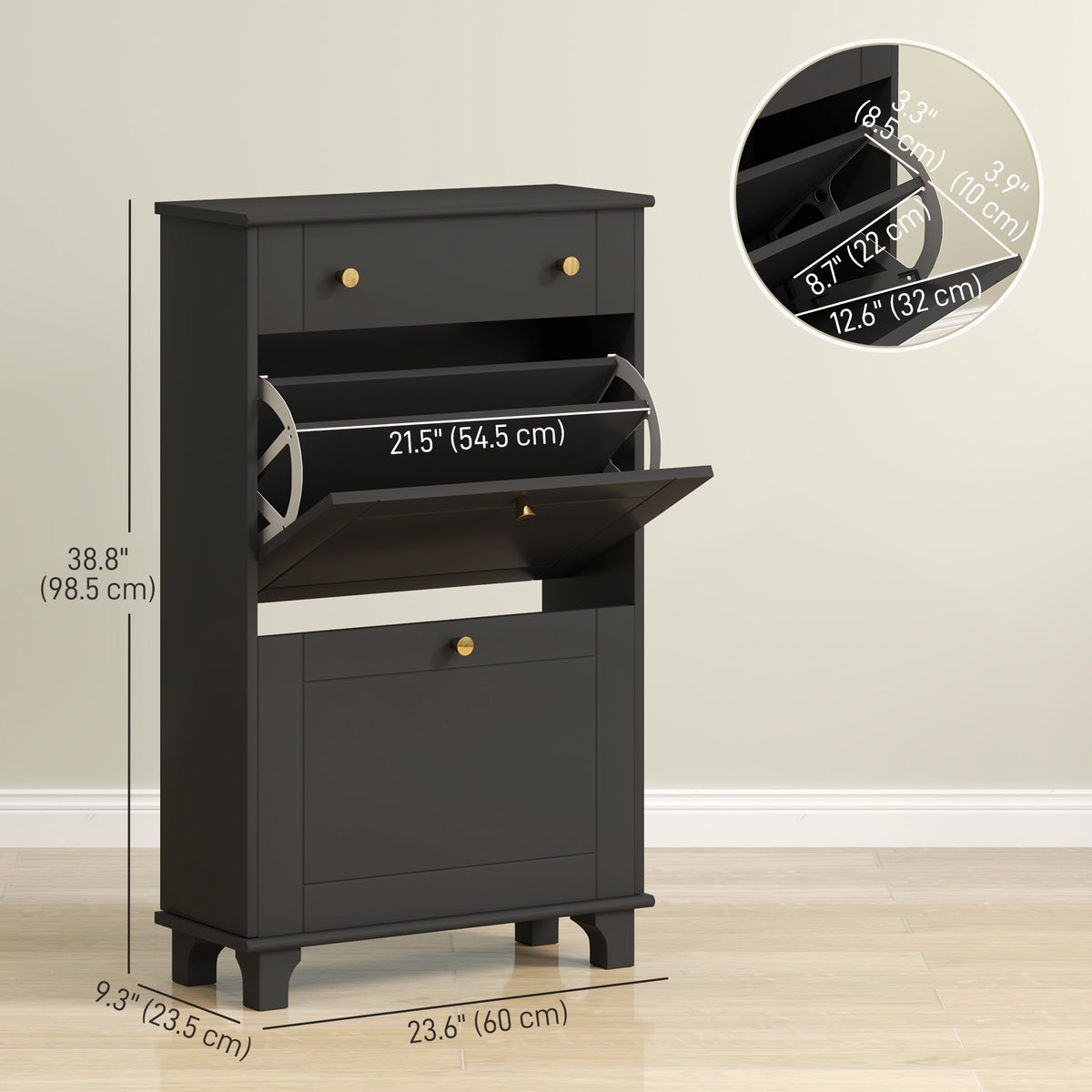 Slim Shoe Cabinet 2 Flip Drawers Adjustable Shelves 8 Pairs