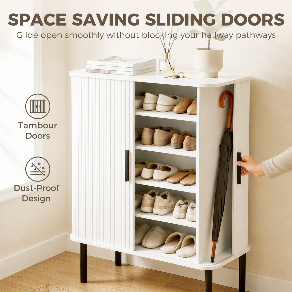 Shoe storage cabinet with tambour doors and adjustable shelves