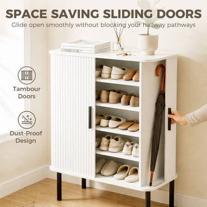 Shoe storage cabinet with tambour doors and adjustable shelves