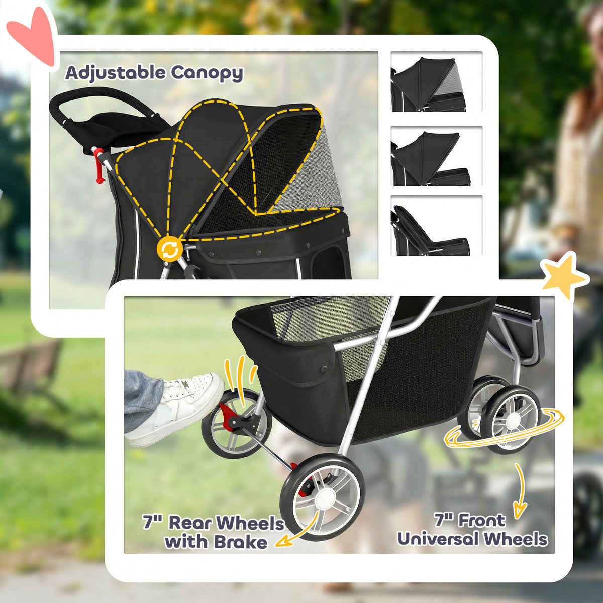Cochecito plegable de 3 ruedas para perros con toldo ajustable
