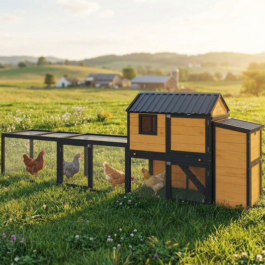 Wooden chicken coop with run and nesting box