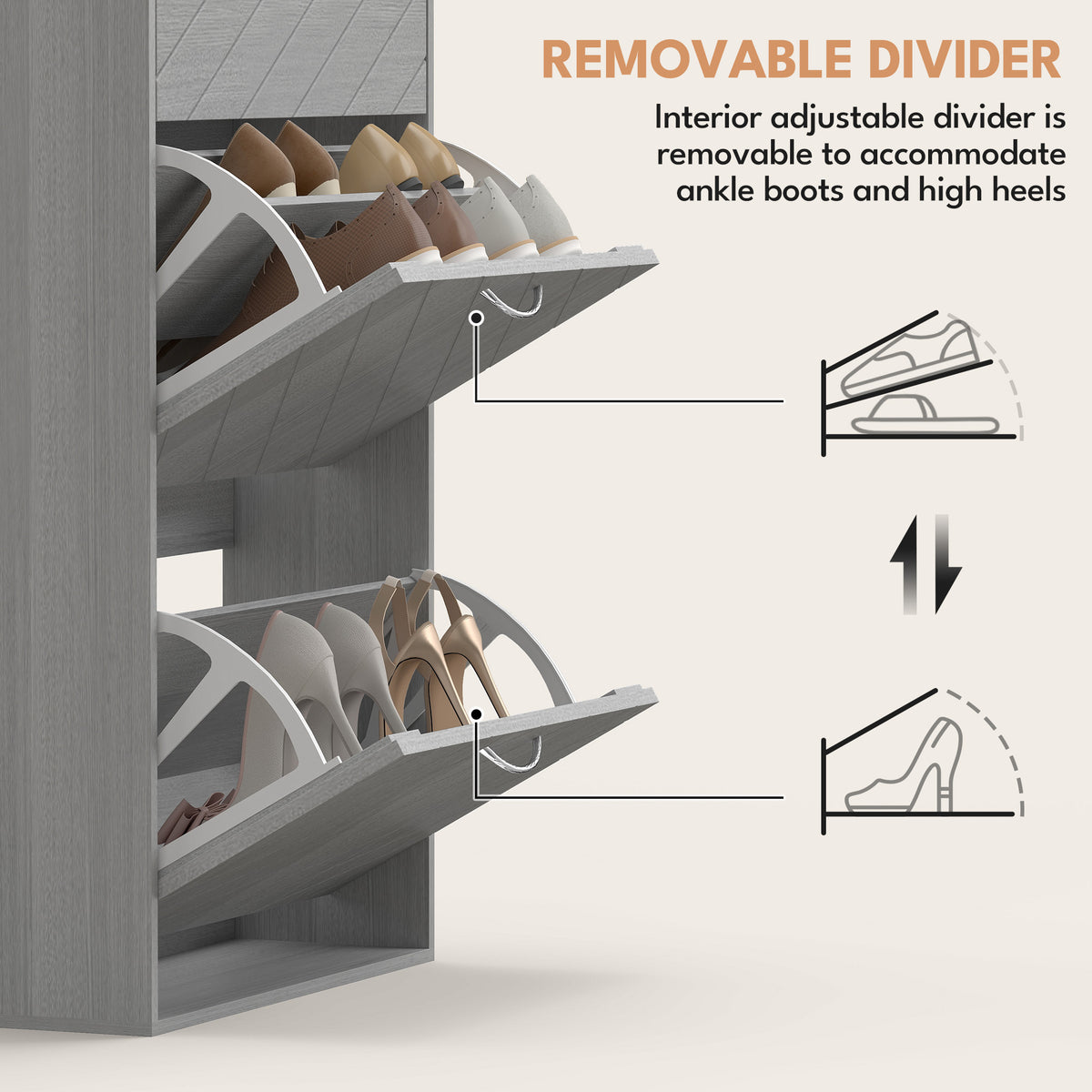 Narrow 3-tier flip drawer shoe storage cabinet