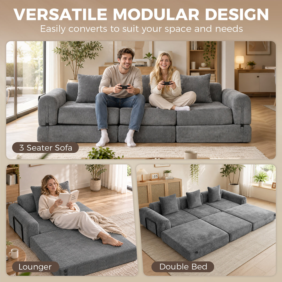 Sofá cama modular plegable de chenilla