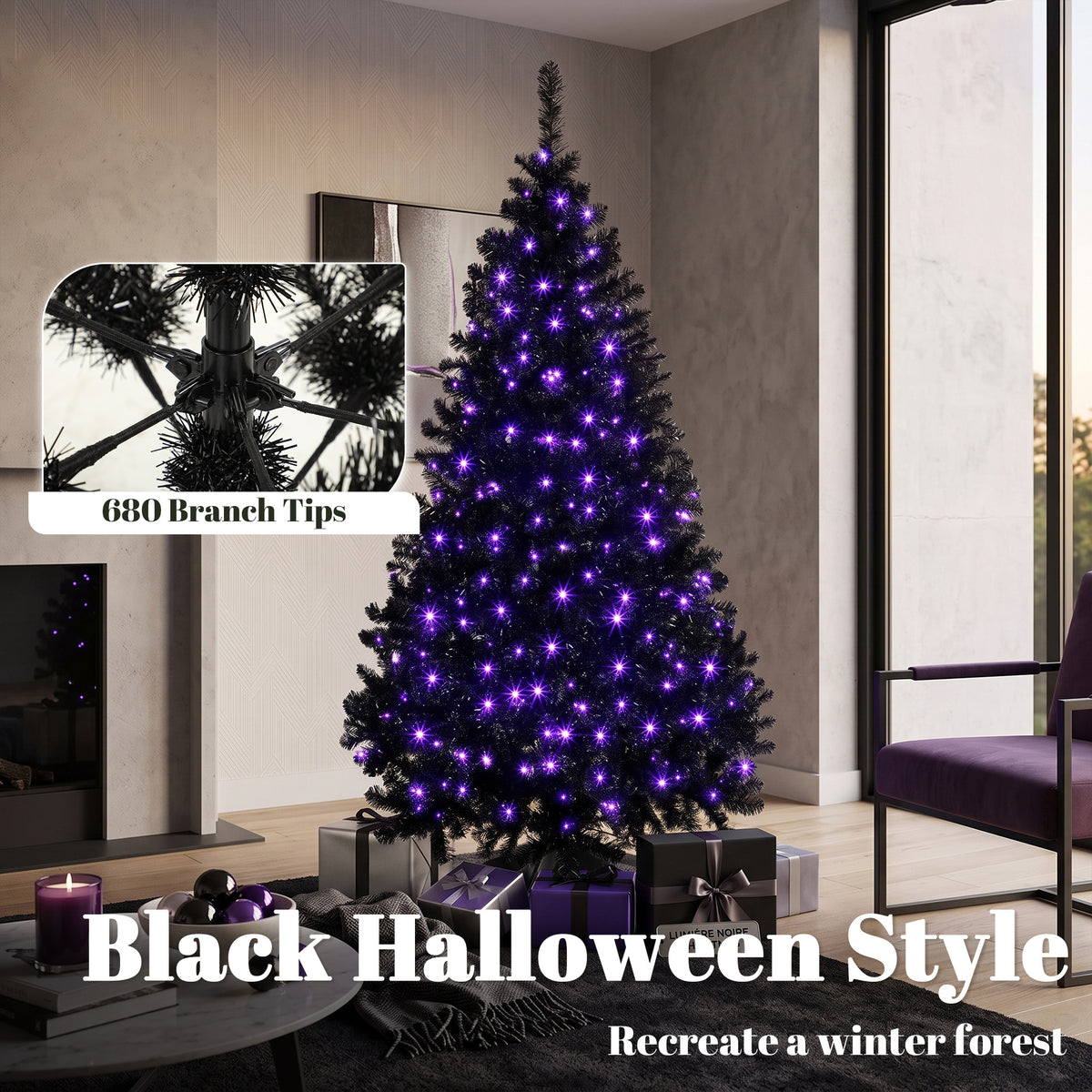 6ft Pre-lit Black Christmas Tree — Purple LED Lights